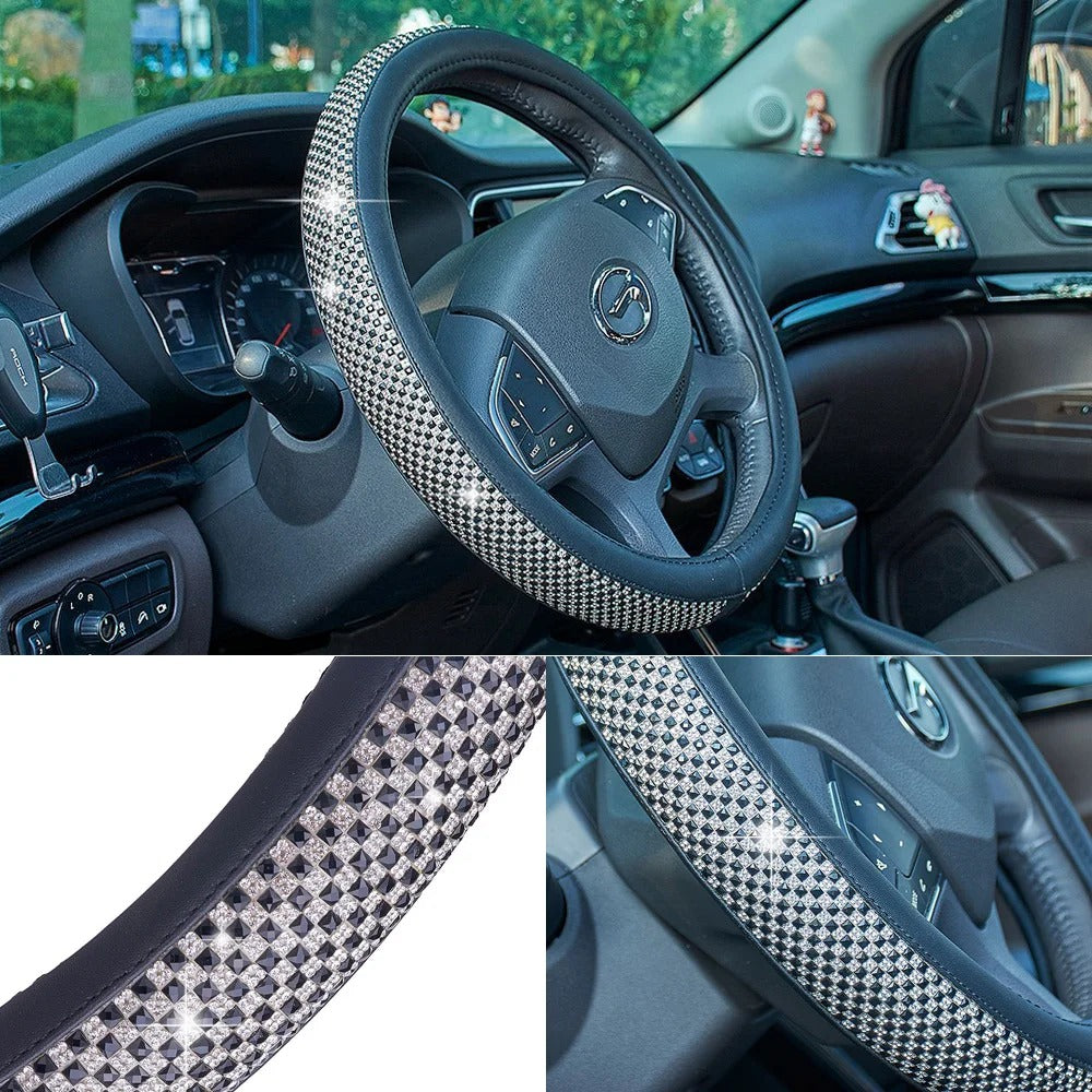 Luxury 3D Square Diamond Steering Wheel Cover – Ultra Bling Crystal PU Leather Fit for 37.5–38cm - Delicate Leather