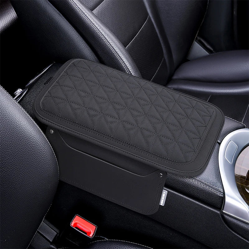 PU Leather Car Armrest Pad with Memory Foam – Center Console Protector Cover with Side Storage Pocket, Universal Fit - Delicate Leather