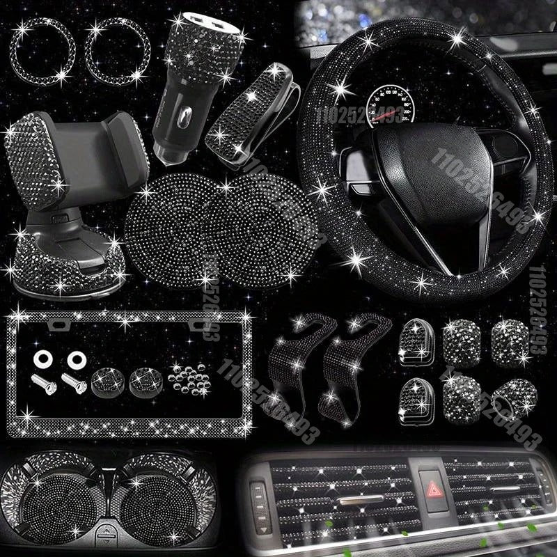 27-Piece Women’s Bling Car Accessories Set – Universal Fit with Steering Wheel Cover, License Plate Frame, Gift For Mother's Day 2025