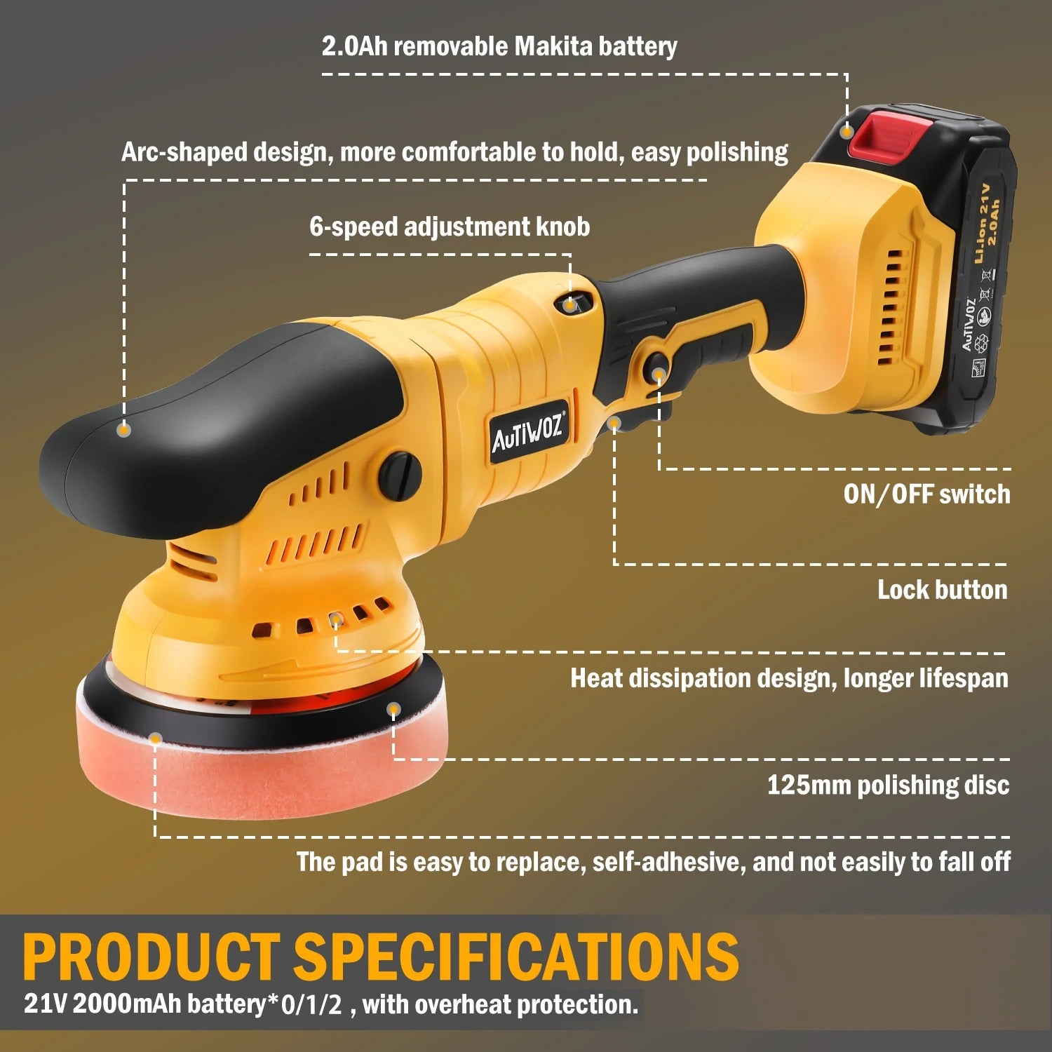 Cordless Orbital Polisher 125mm – 6-Speed Random Dual Action with Overheat Protection - Delicate Leather