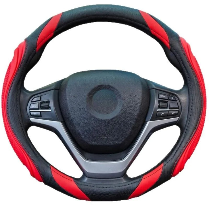 Spliced Leather Steering Wheel Cover – Concave-Convex Massage Design, Non-Slip Universal Fit 38 cm, All-Season Car Interior Accessory - Delicate Leather