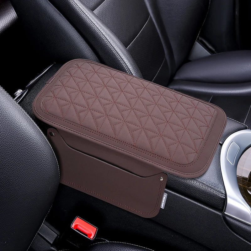 PU Leather Car Armrest Pad with Memory Foam – Center Console Protector Cover with Side Storage Pocket, Universal Fit - Delicate Leather