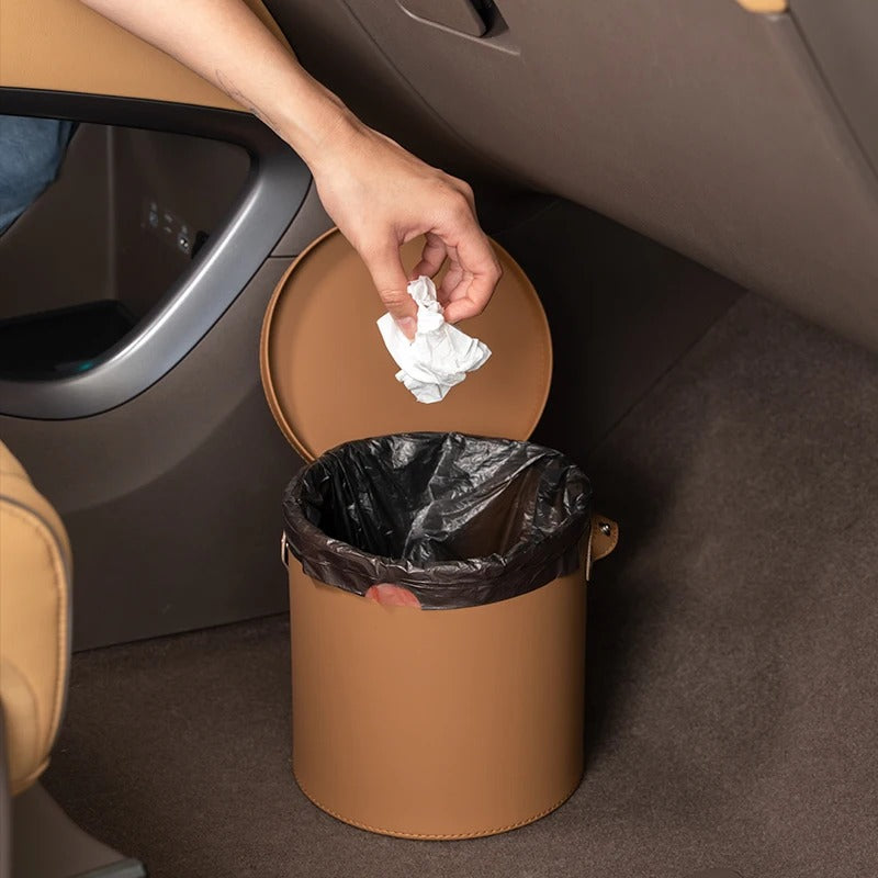 Car Trash Can - Leather Storage Bucket for Car Accessories - Delicate Leather