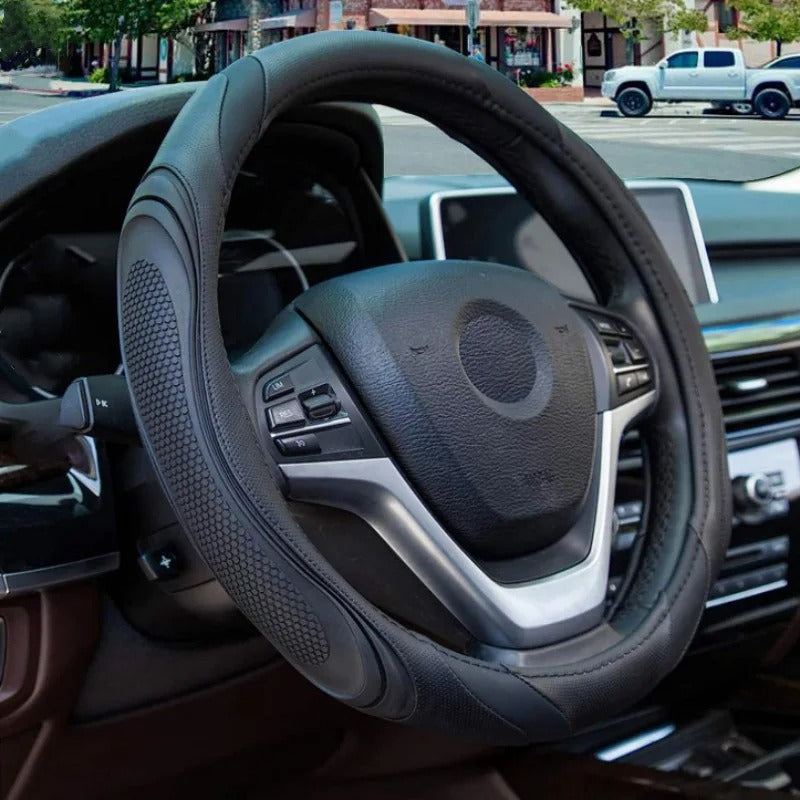 Spliced Leather Steering Wheel Cover – Concave-Convex Massage Design, Non-Slip Universal Fit 38 cm, All-Season Car Interior Accessory - Delicate Leather