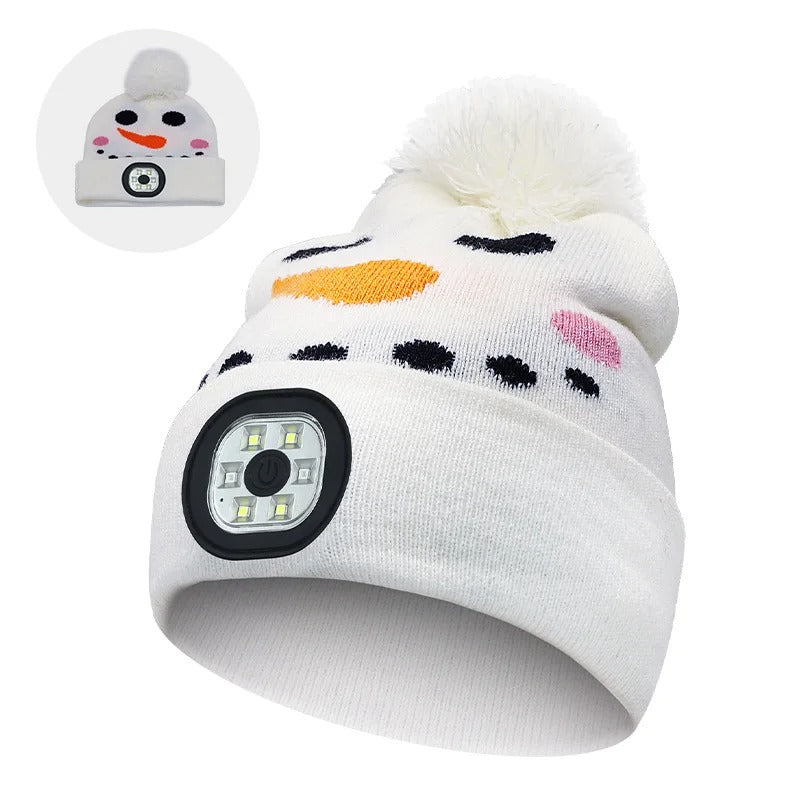 LED Flashlight Beanie Hats for Kids - Rechargeable Washable LED Head Lamp Hat - Winter Warm Caps with Hands-Free Lights for Outdoor Use - Delicate Leather