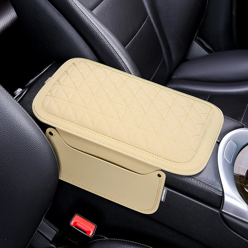 PU Leather Car Armrest Pad with Memory Foam – Center Console Protector Cover with Side Storage Pocket, Universal Fit - Delicate Leather