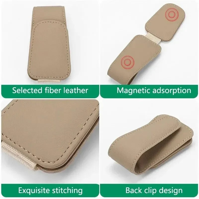 Glasses Holder Clip for Car Auto Sun Visor - Universal Eyeglass Hanger Clip - PU Leather Magnetic Multi-Function Storage