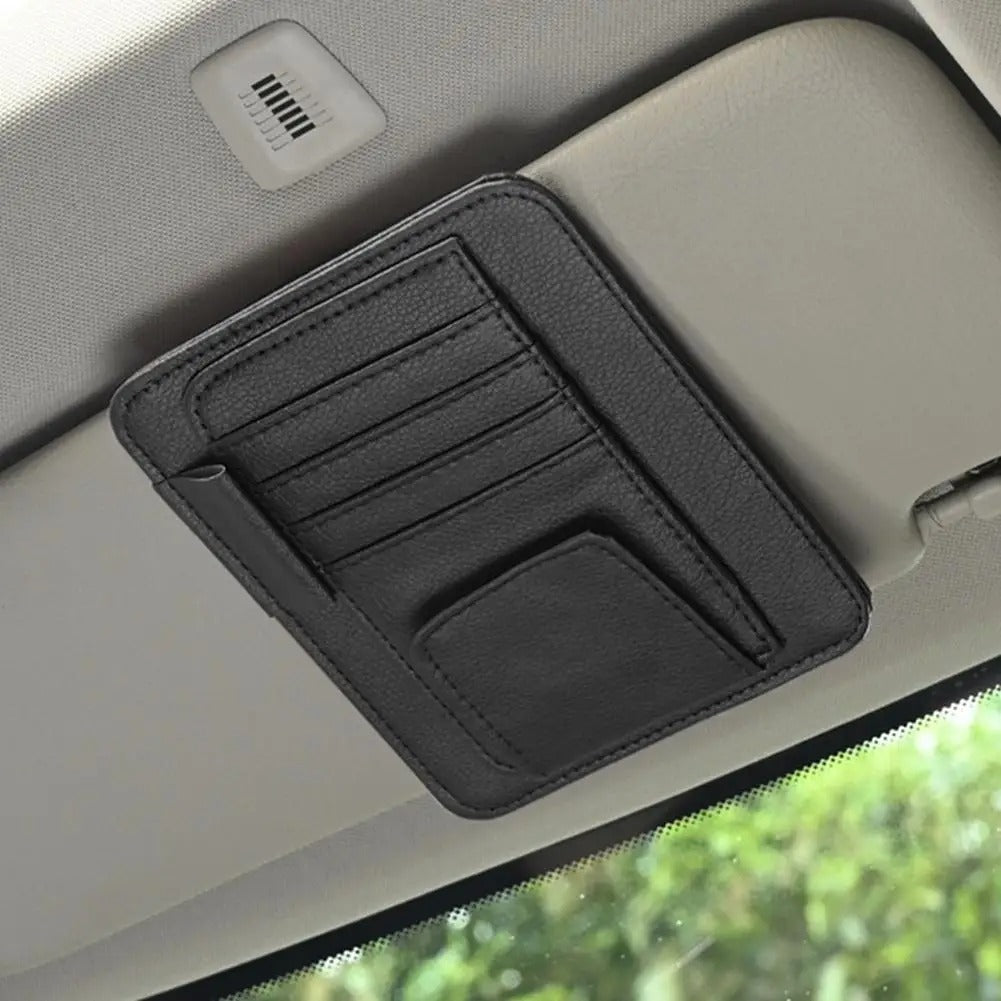 Car Sun Visor Organizer - Multi-Pocket Business Card Storage Management - Sunglasses Holder Visor Accessories for Auto Interior - Delicate Leather