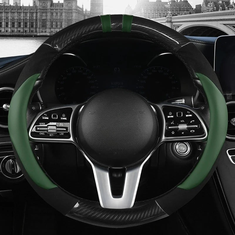 Color-Block Steering Wheel Cover – PU Leather & Suede with Carbon Fiber Style, Universal 14.5–15 Inch Fit