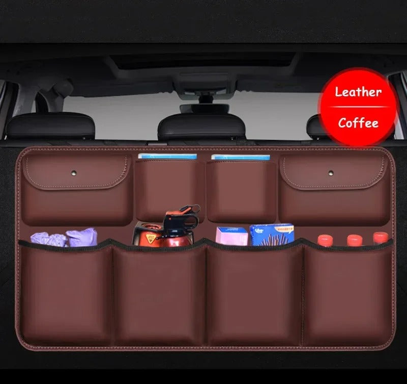 PU Leather Car Rear Seat Back Storage Bag – Foldable Trunk Organizer for Universal Use - Delicate Leather