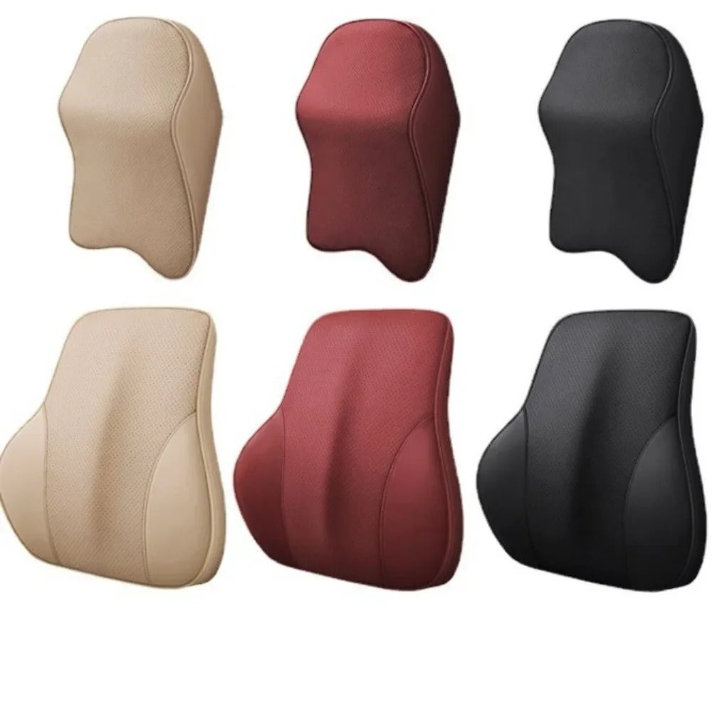 3D Nappa PU Leather Memory Foam Car Headrest & Lumbar Support Cushion - Delicate Leather