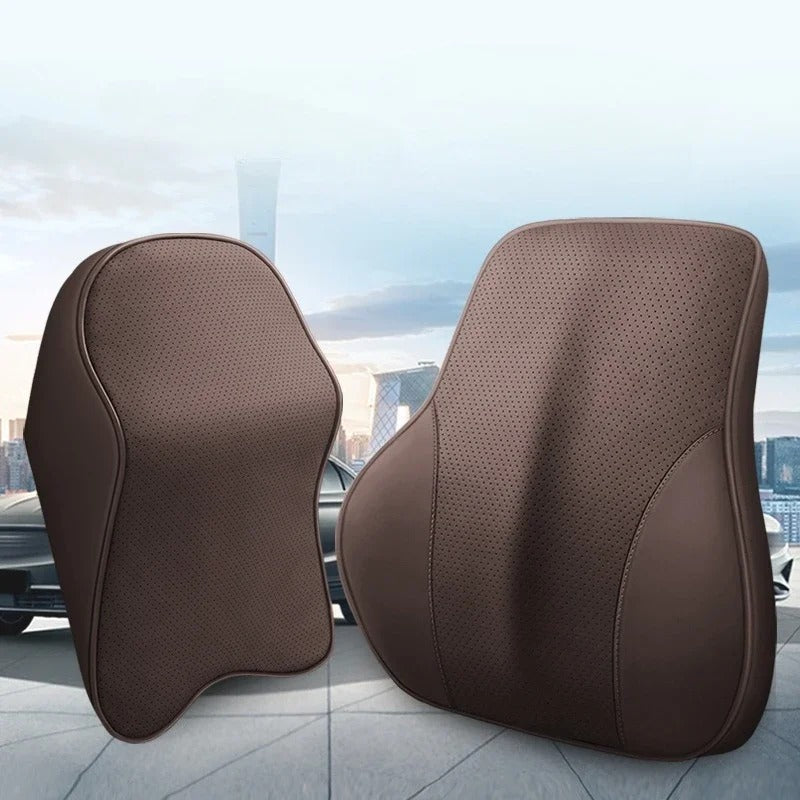 3D Nappa PU Leather Memory Foam Car Headrest & Lumbar Support Cushion - Delicate Leather