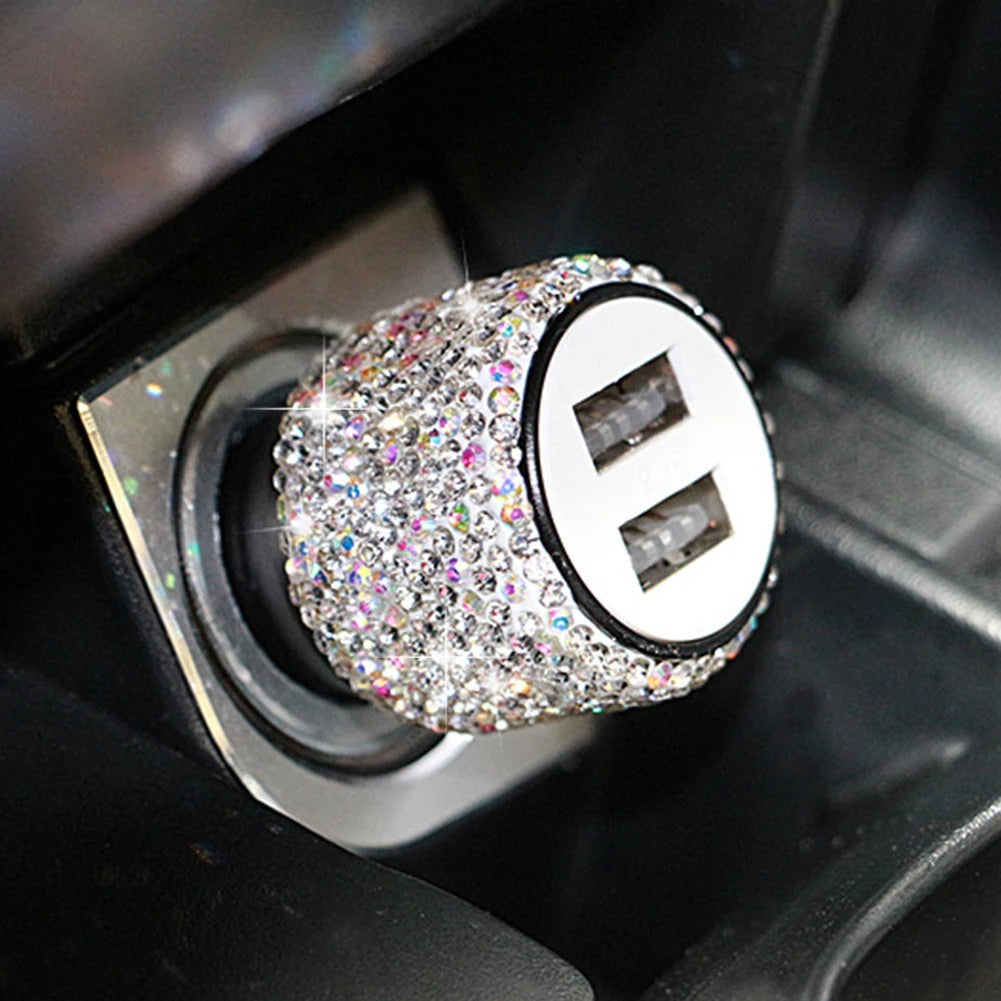 Bling Dual Port USB Car Charger – 5V 2.1A Fast Adapter with Rhinestone Design, Gift For Mother's Day 2025 - Delicate Leather