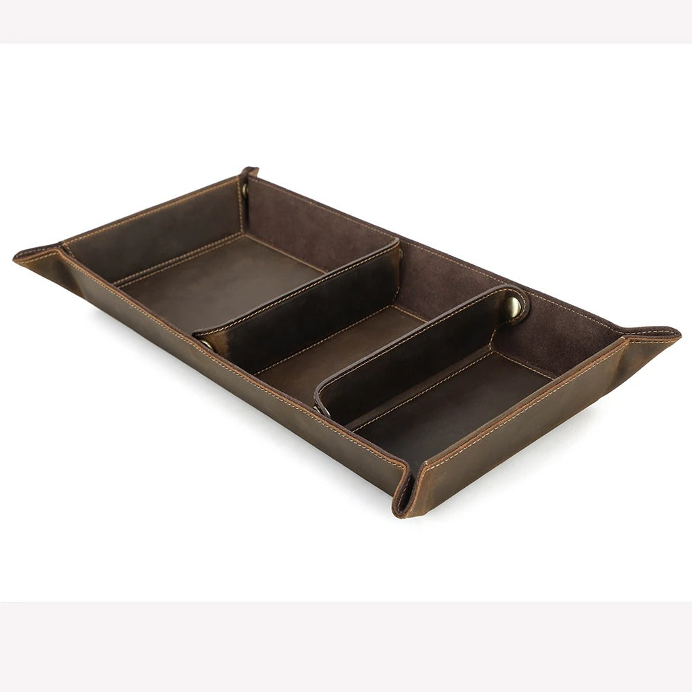 Genuine Leather Desktop Tray Organizer, 3 Compartments, Durable for Key Jewelry Cosmetic Storage Box, Folding Home Decoration - Delicate Leather