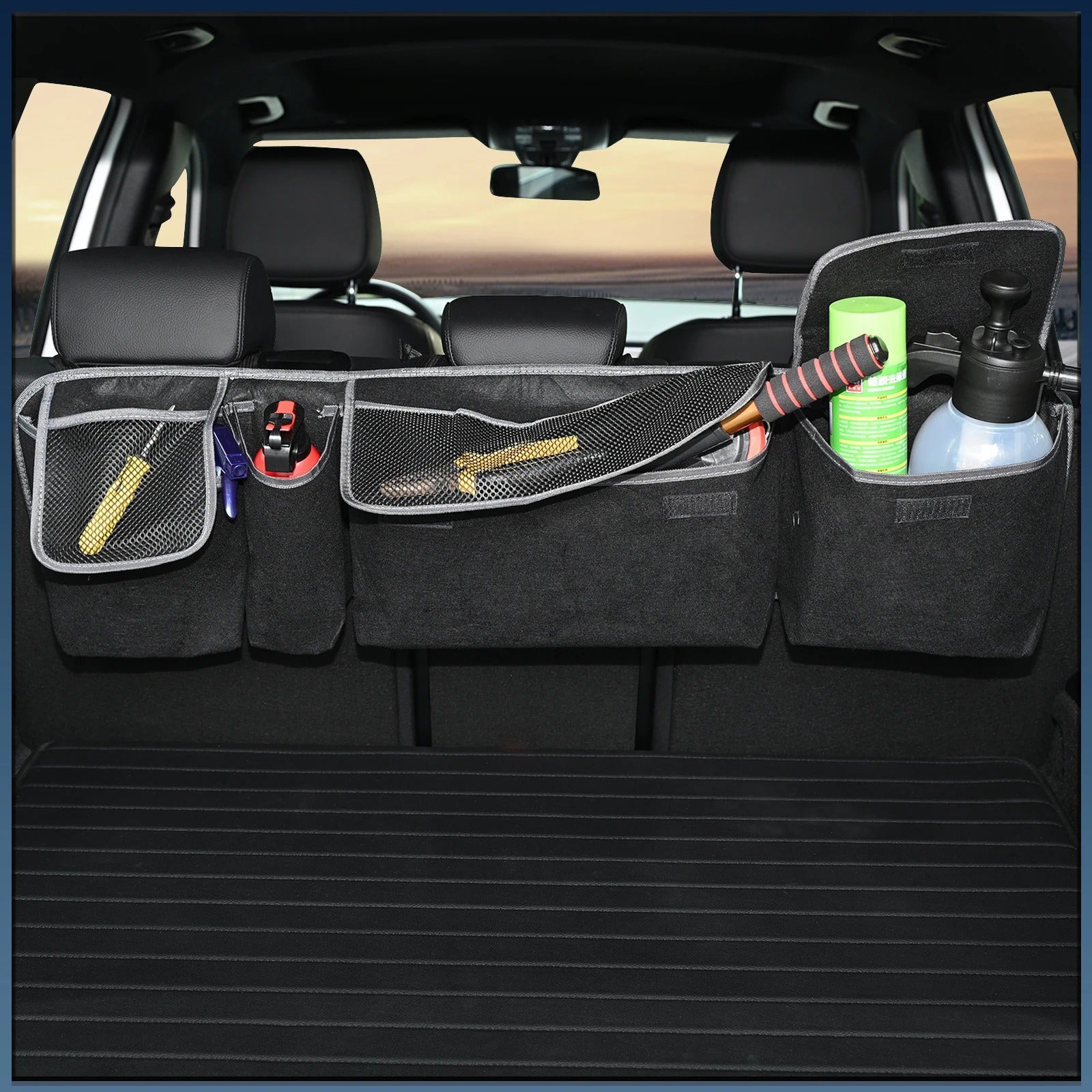 Universal Car Backseat Organizer – Felt Storage Bag with Mesh Net Pockets - Delicate Leather