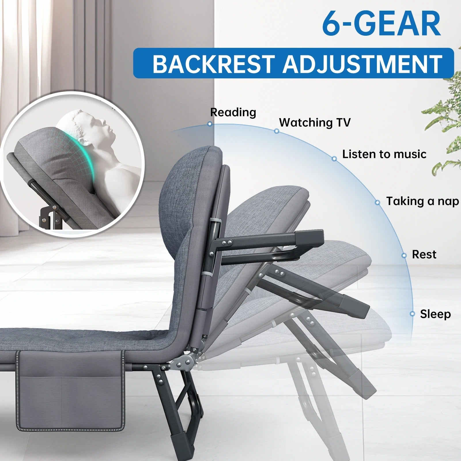 Niceway Adjustable Camping Cot with Mattress & Pillow – 6 Positions, 550LBS Capacity - Delicate Leather