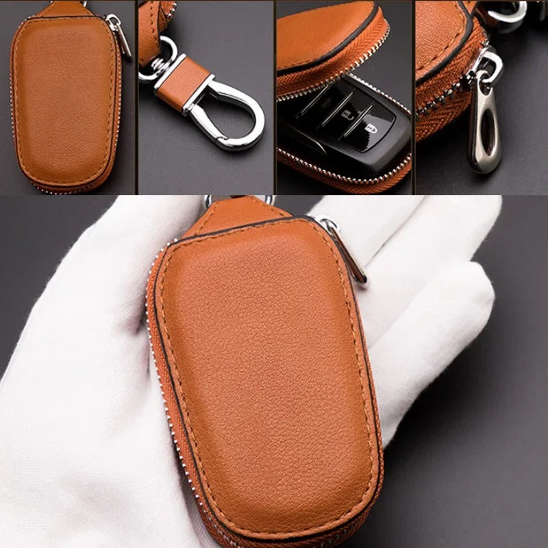 Leather Car Key Holder – Zipper Keychain Organizer with Metal Hook - Delicate Leather