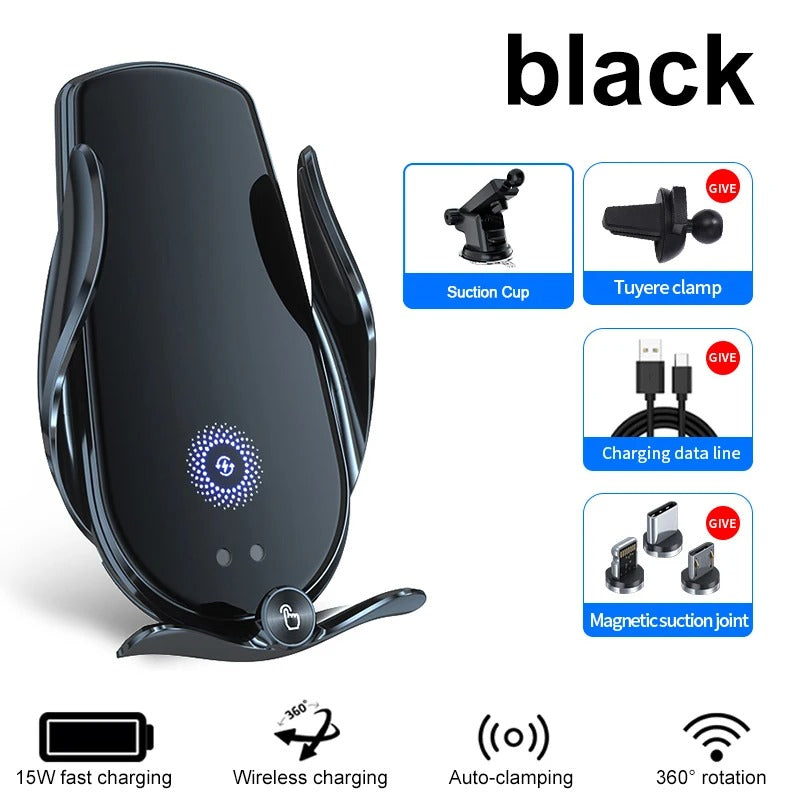 Universal Car Cell Phone Holder Bracket 15W Wireless Charging Handsfree Phone Holder for Dashboard, Windshield, Vent - Delicate Leather