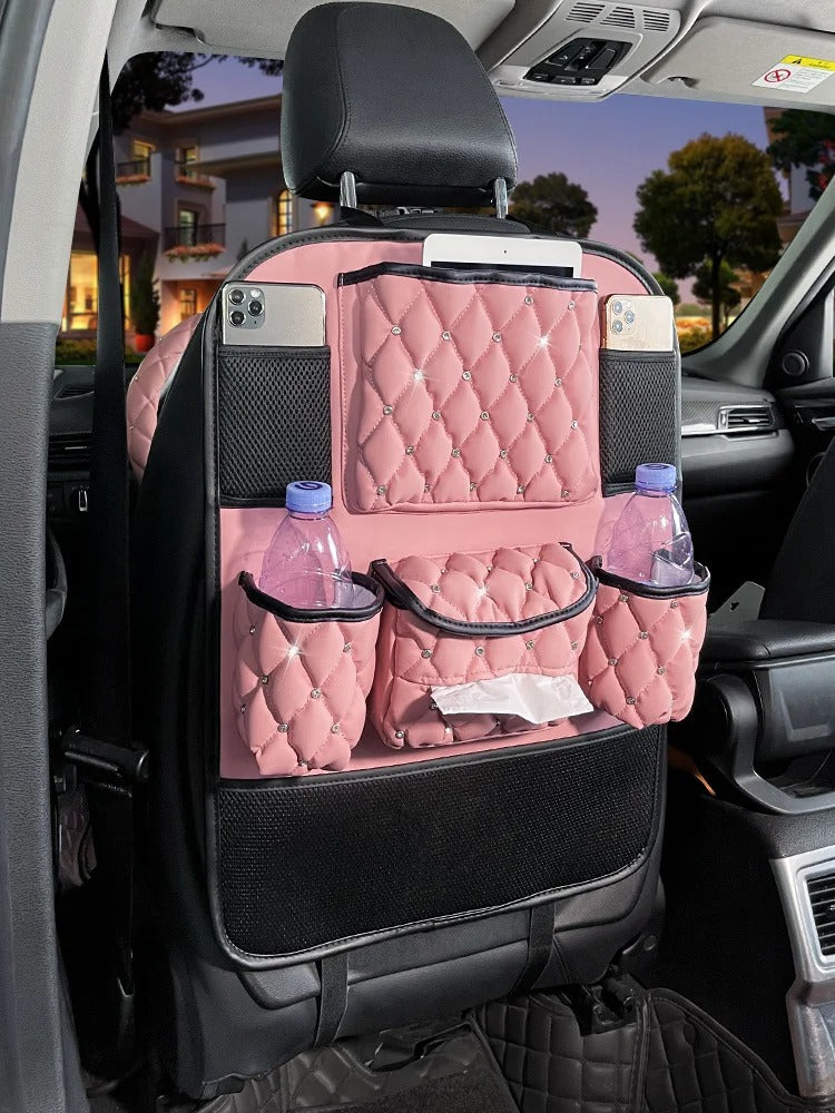 Pink Diamond Leather Car Backseat Storage Bag – Hanging Tissue & Phone Organizer - Delicate Leather