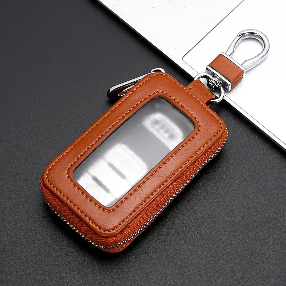 Universal Car Key Case – Transparent Mini Keychain Bag with Cowhide Leather and Metal Buckle - Delicate Leather