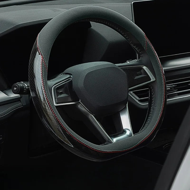 Carbon Fiber Steering Wheel Cover – Universal Fit, Non-Slip, Breathable Grip - Delicate Leather