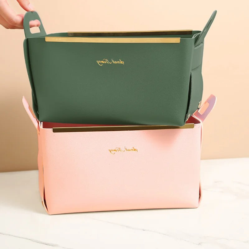 Desktop Finishing PU Leather Storage Box - Household Foldable Cosmetic Storage Basket with Handle, Sundry Key Coin Decorative Plate - Delicate Leather