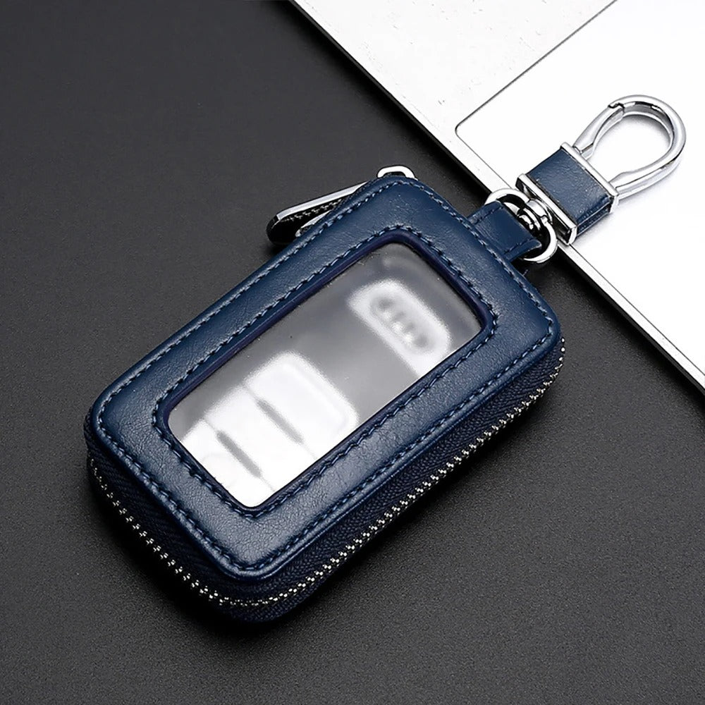 Universal Car Key Case – Transparent Mini Keychain Bag with Cowhide Leather and Metal Buckle - Delicate Leather