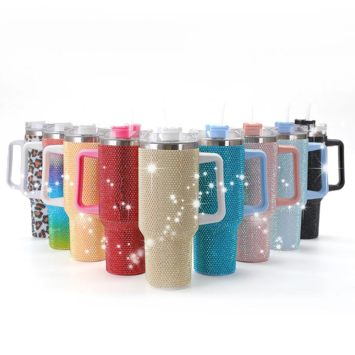 40oz Sparkling Studded Stainless Steel Tumbler – Insulated Water Bottle with Lid & Handle - Delicate Leather