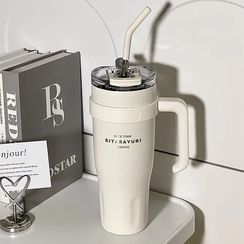 Large Capacity Stainless Steel Insulated Cup with Handle & Straw – Ideal for Office, Outdoor & Travel