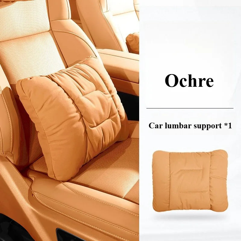 Suede Leather Car Headrest & Lumbar Support Pillow Set – Comfortable Neck and Back Cushions - Delicate Leather
