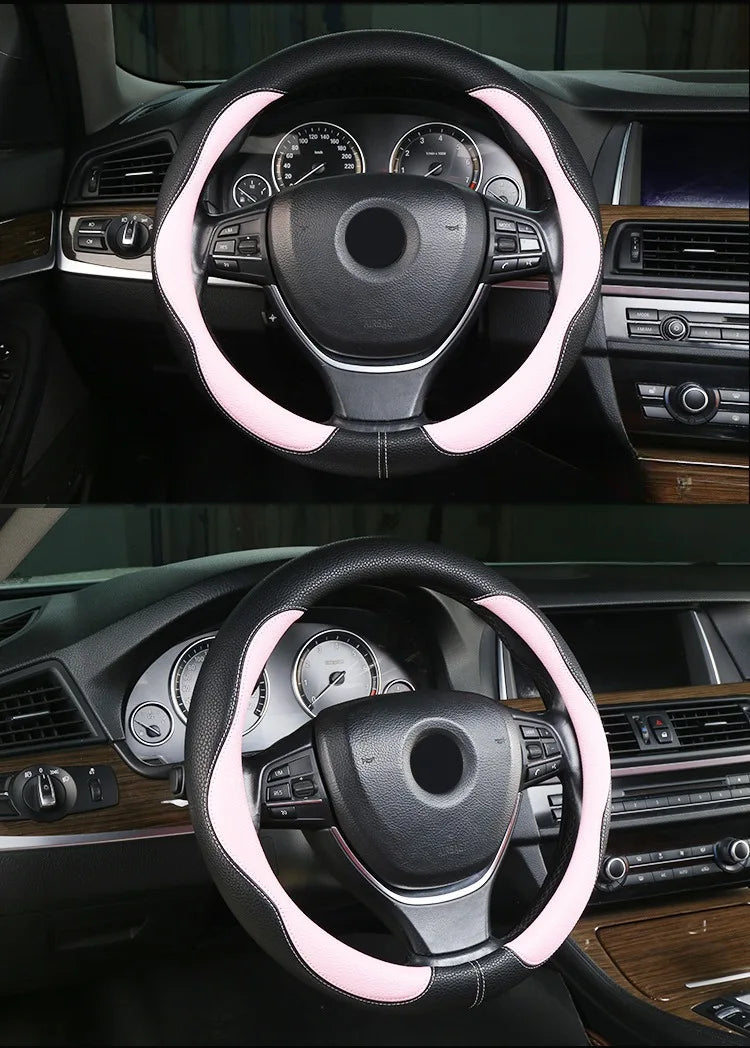 PU Leather Steering Wheel Cover – Anti-Slip 15 Inch Universal Round Interior Accessory - Delicate Leather
