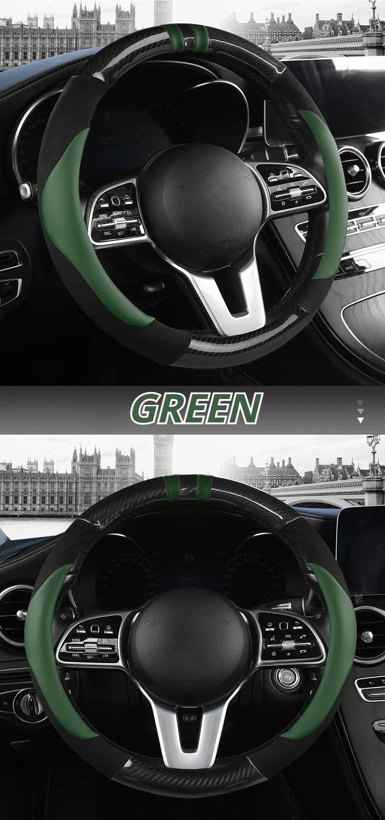 Color-Block Steering Wheel Cover – PU Leather & Suede, Carbon Fiber Style, 14.5–15 Inch Fit - Delicate Leather