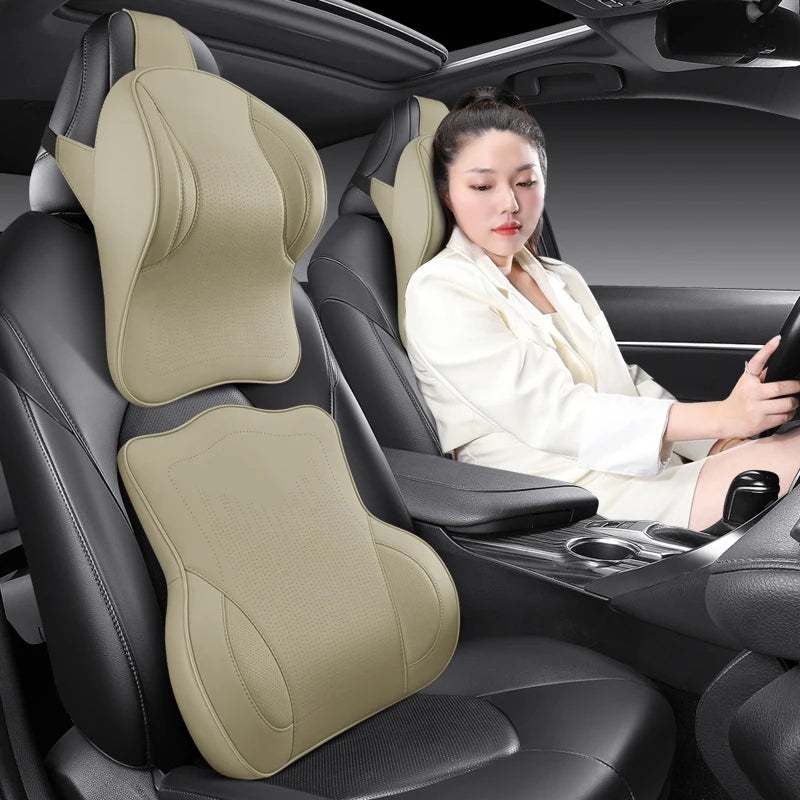Memory Foam Car Neck Pillow & Lumbar Support Set – Breathable Seat Comfort Cushion - Delicate Leather