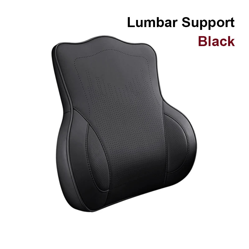 Memory Foam Car Neck Pillow & Lumbar Support Set – Breathable Seat Comfort Cushion - Delicate Leather