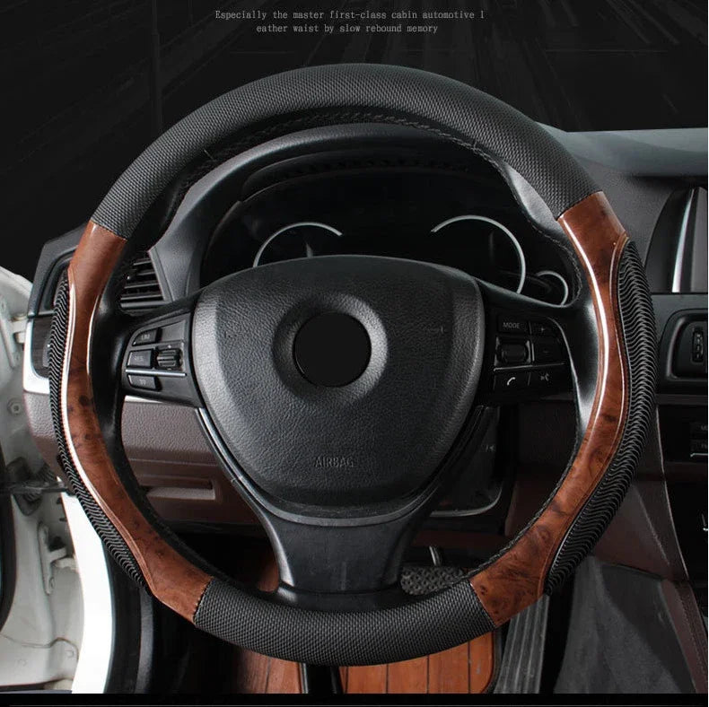 Wood Grain Steering Wheel Cover – PU Leather Anti-Slip Breathable 38cm Universal Fit - Delicate Leather