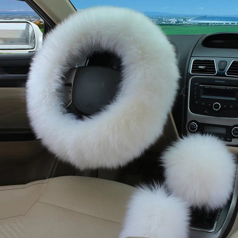 Winter Plush Steering Wheel Cover Set – Fluffy Fleece Warm Non-Slip Handle Cover, Universal Fit - Delicate Leather