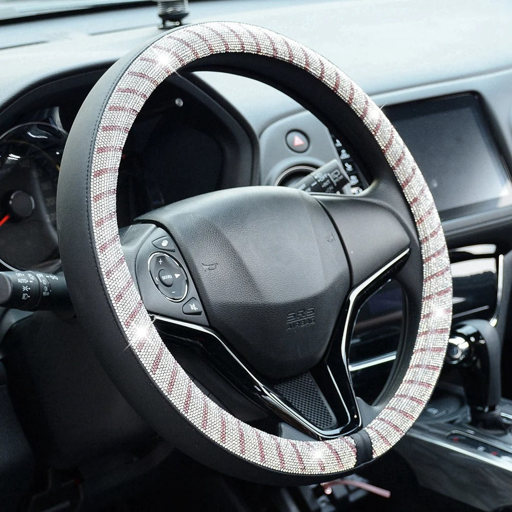 Luxury 3D Square Diamond Steering Wheel Cover – Ultra Bling Crystal PU Leather Fit for 37.5–38cm - Delicate Leather