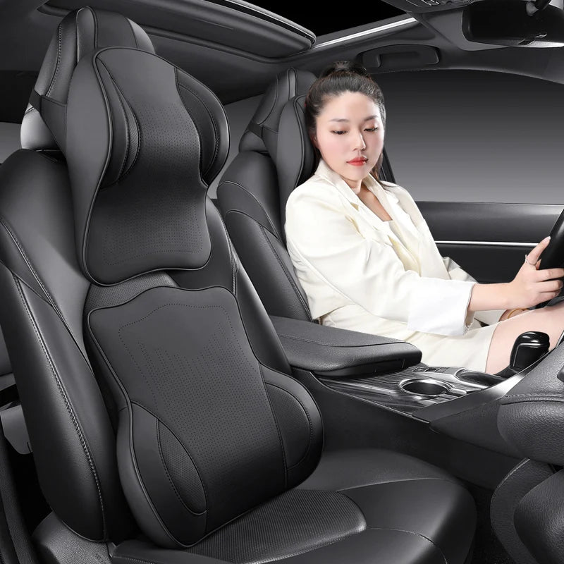 Memory Foam Car Neck Pillow & Lumbar Support Set – Breathable Seat Comfort Cushion - Delicate Leather