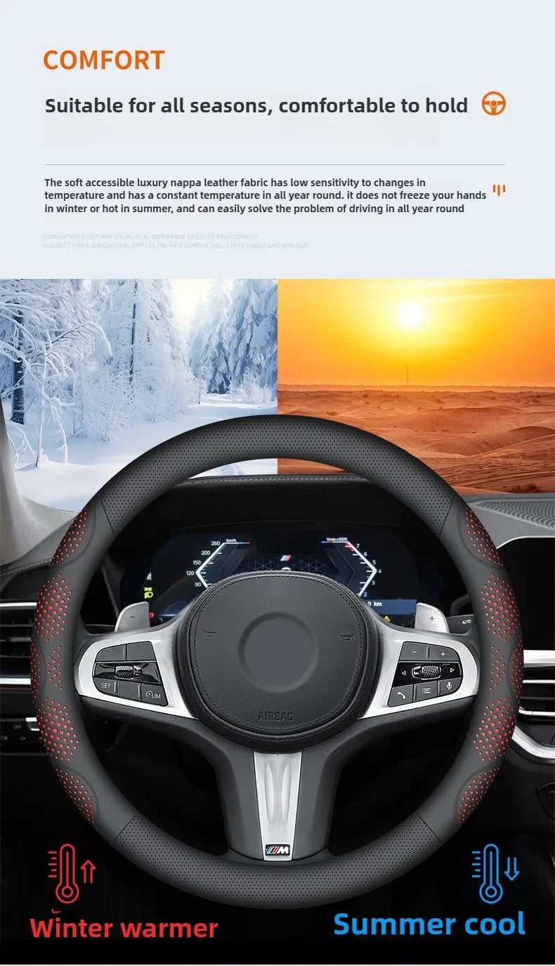 Car Steering Wheel Cover, Universal 38cm O/D Shape Leather Steering Wheel Cover – Car Interior Anti-Slip Accessory - Delicate Leather