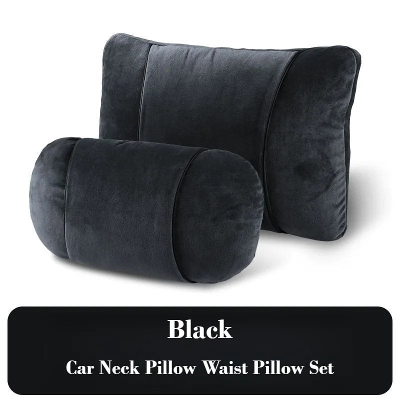 Plush Car Headrest & Lumbar Support Pillow Set – Soft Neck and Waist Seat Cushions - Delicate Leather