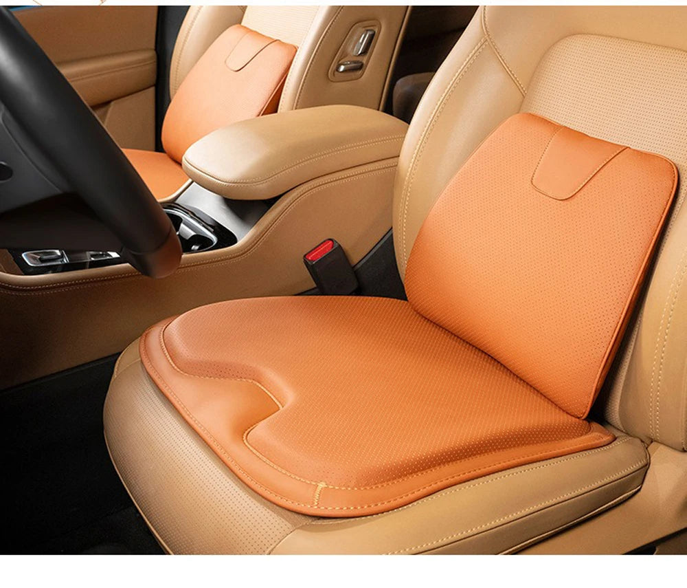 Soft Leather Car Seat Cushion Non-Slip Memory Cotton with Waist Support Pillow, Car Accessories