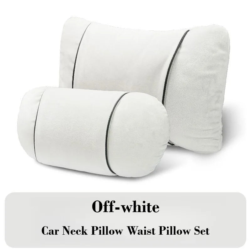 Plush Car Headrest & Lumbar Support Pillow Set – Soft Neck and Waist Seat Cushions - Delicate Leather