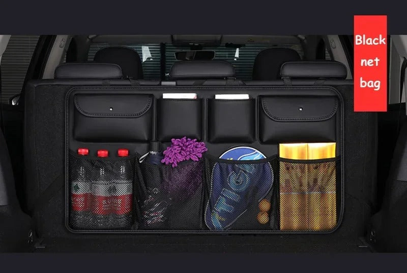 PU Leather Car Rear Seat Back Storage Bag – Foldable Trunk Organizer for Universal Use - Delicate Leather