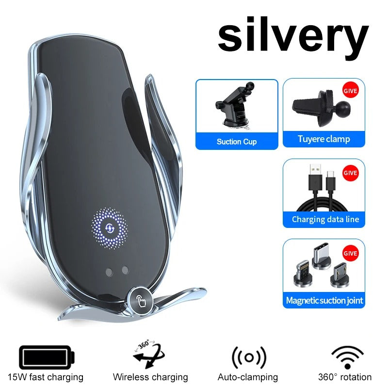 Universal Car Cell Phone Holder Bracket 15W Wireless Charging Handsfree Phone Holder for Dashboard, Windshield, Vent - Delicate Leather