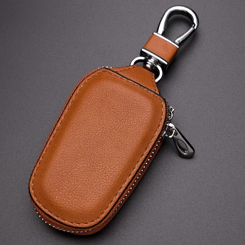 Leather Car Key Holder – Zipper Keychain Organizer with Metal Hook - Delicate Leather