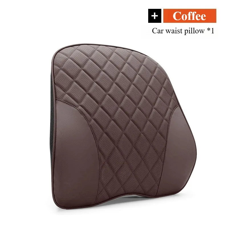 Nappa Leather Car Headrest & Lumbar Support Set – Memory Foam Neck and Waist Cushion