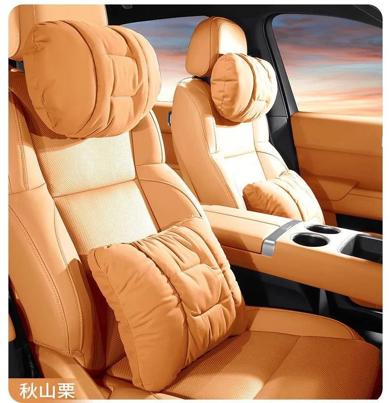 Suede Leather Car Headrest & Lumbar Support Pillow Set – Comfortable Neck and Back Cushions - Delicate Leather