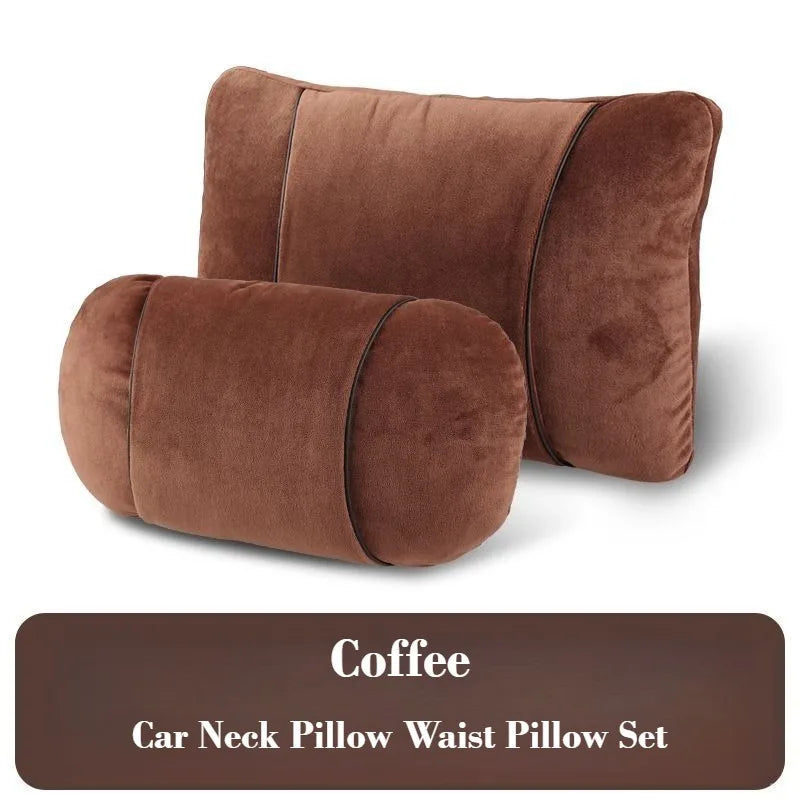 Plush Car Headrest & Lumbar Support Pillow Set – Soft Neck and Waist Seat Cushions - Delicate Leather