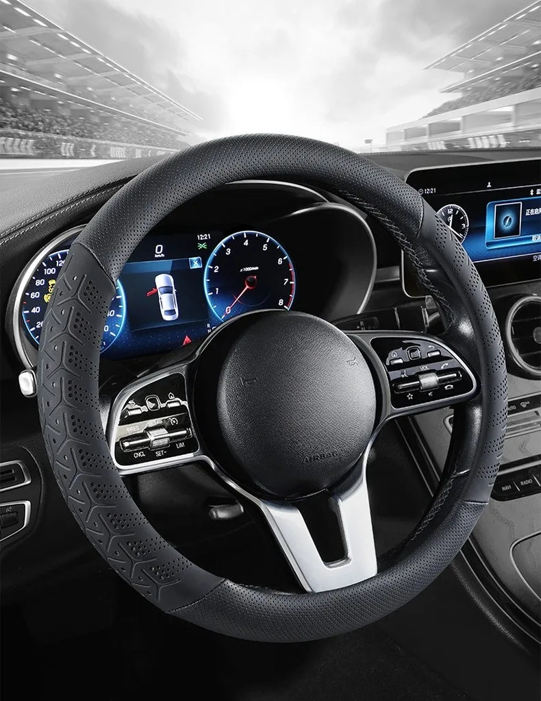 Luxury Leather Steering Wheel Cover – Non-Slip Universal 38cm Interior Accessory - Delicate Leather