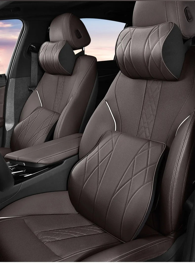 Memory Foam Car Neck & Lumbar Support Pillow Set – Leather Seat Comfort Cushions - Delicate Leather